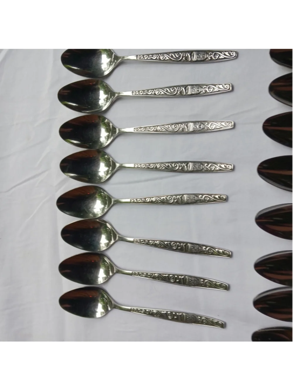VTG MCM Stainless Steel Flatware Set Scroll Asian Good Luck Bell Chalice